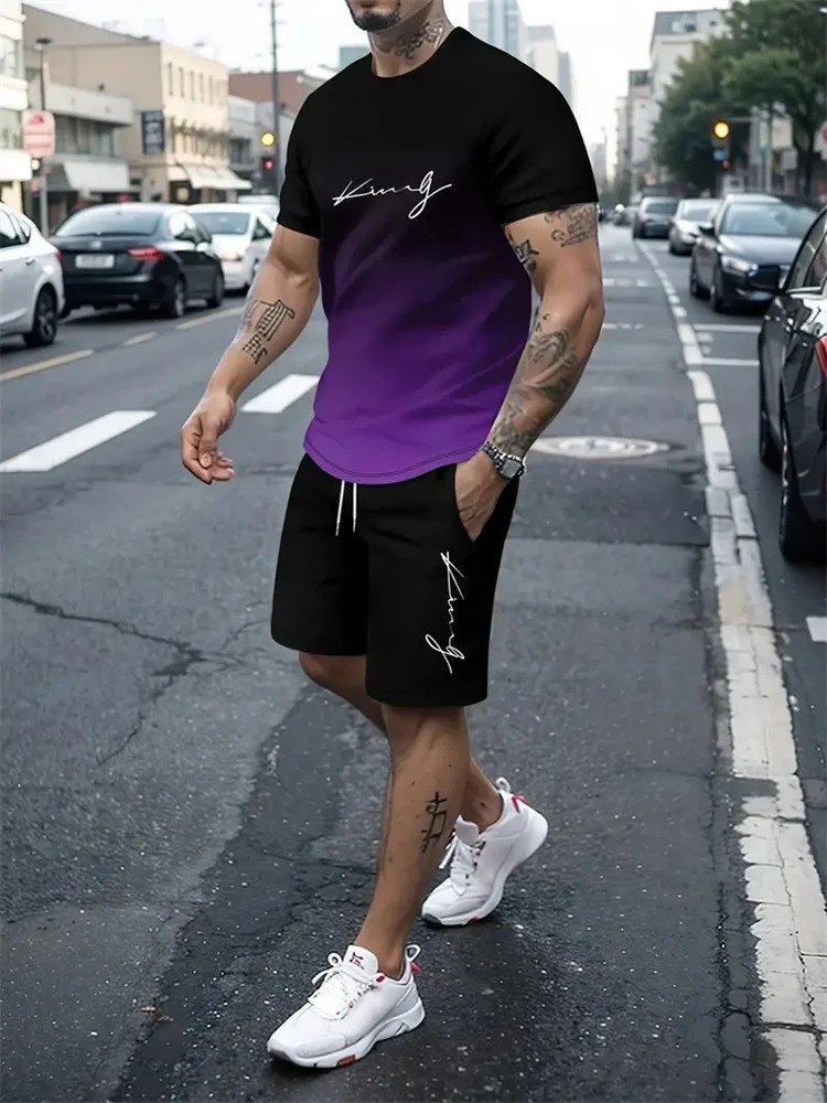 Mens Outfit Summer Short Sleeve T Shirt Set Fashion 2 Piece Sportswear 3D Printed Casual shorts Sweatshirt Tracksuit 250618