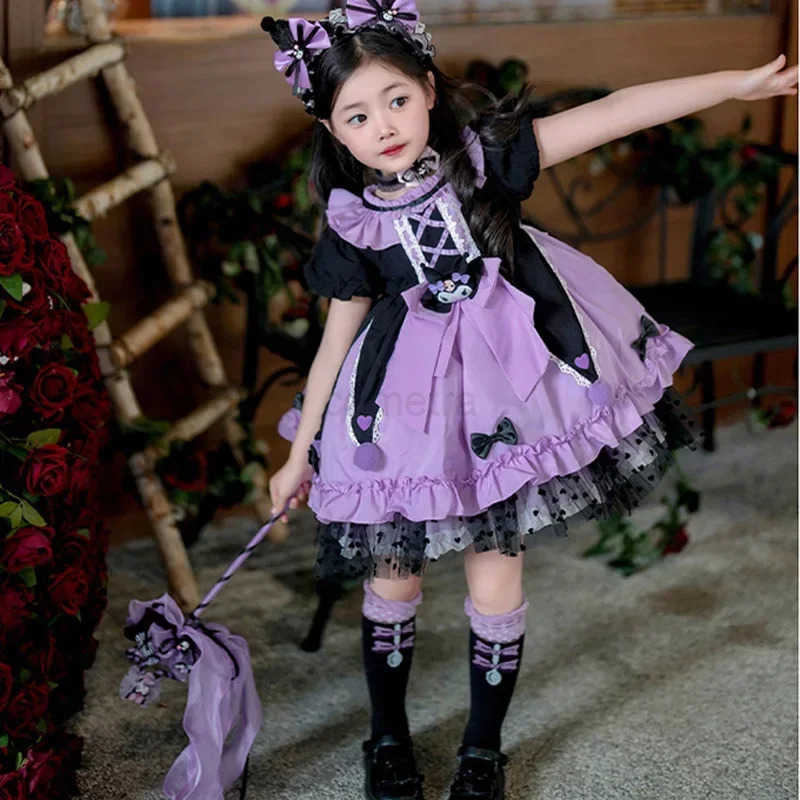 Sanrio 2024 Sanrio Cosplay Kuromi Lolita Princess Dress Summer Childrens Costume Dress Puffy Skirt Suit Cute Girl Birthday Kawaii Gift XJ250618