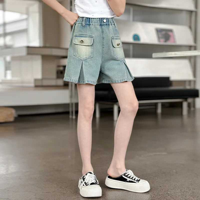 Girls summer versatile front pocket folding shorts 2025 new summer thin fashion jeans casual sports shorts 5-15 years oldC250617