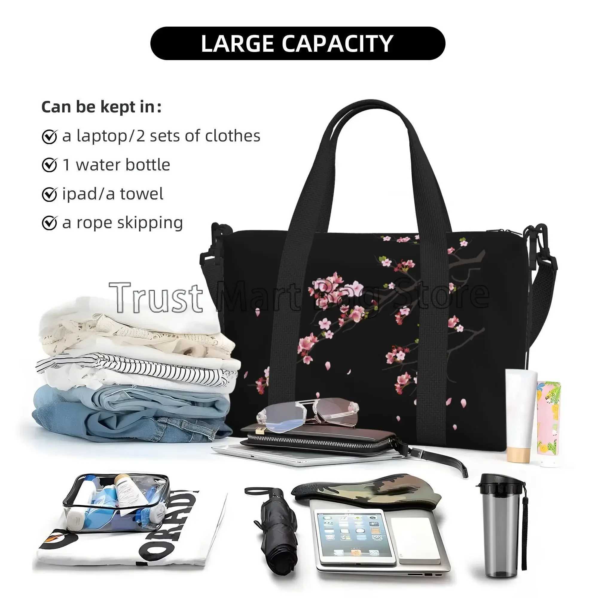 Japanese Sakura Cherry Blossoms Black Travel Bag Women Weekender Overnight Bags Unisex Casual Waterproof Luggage Bag W250618