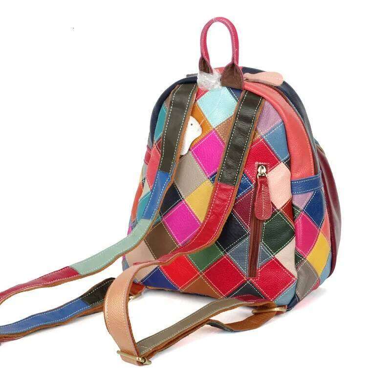 2025 New Genuine Leather Backpack For Women - Colorful Contrast Geometric Patterns Handcrafted Casual Daypack