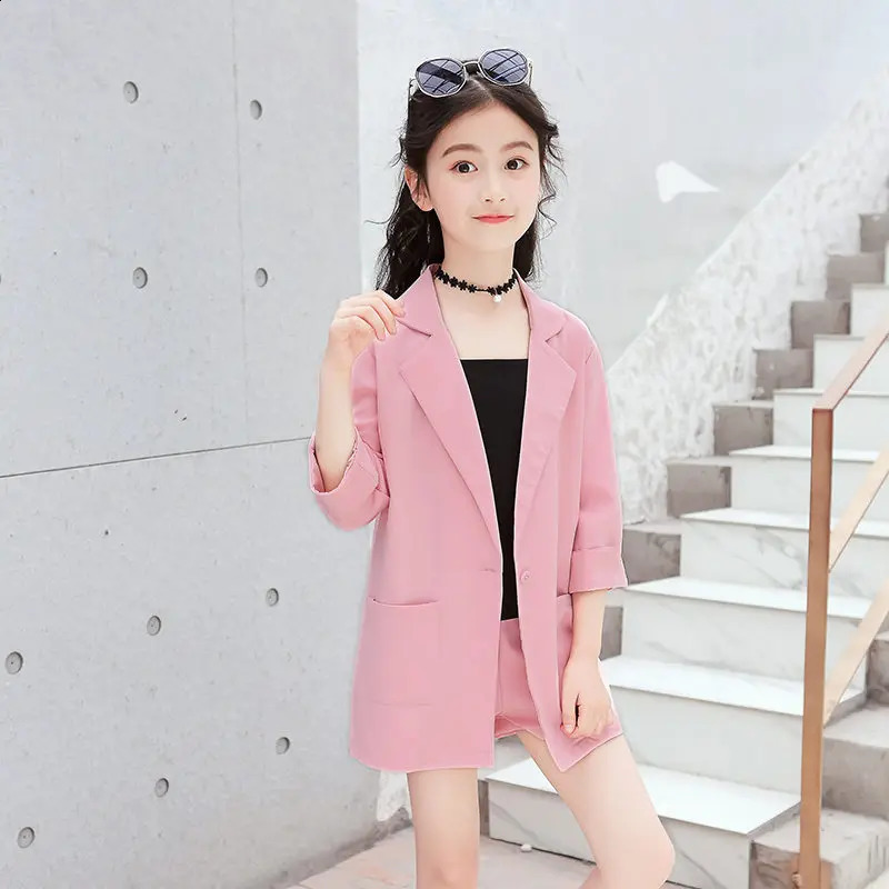 Kids Girls Blazer Jacket Vest Shorts 3PCS Tuxedos Suit for Kids Suit Children Girls Blazer For Wedding Party Pink Grey Color 250617