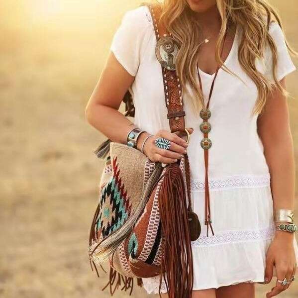 Bohemian Handwoven Fringe Cotton Linen Single Shoulder Large Bag For Women B5