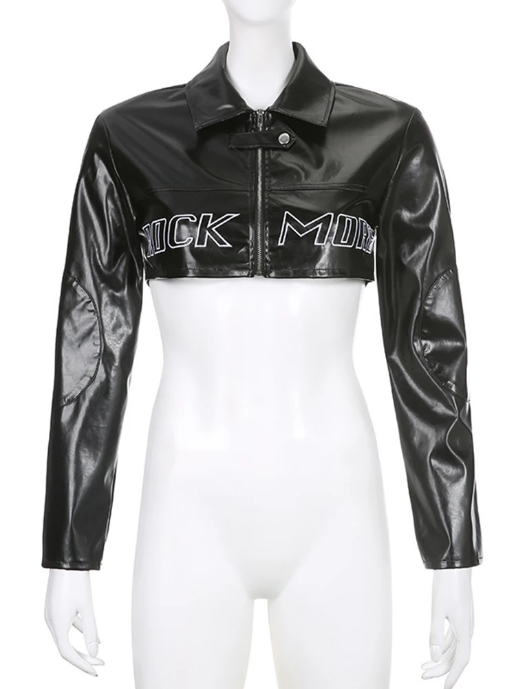 Rockmore High Street PU Cropped Jackets Women Leather Moto Biker Fashion Zipper Up Short Coats Autumn Long Sleeves Outerwear 250613