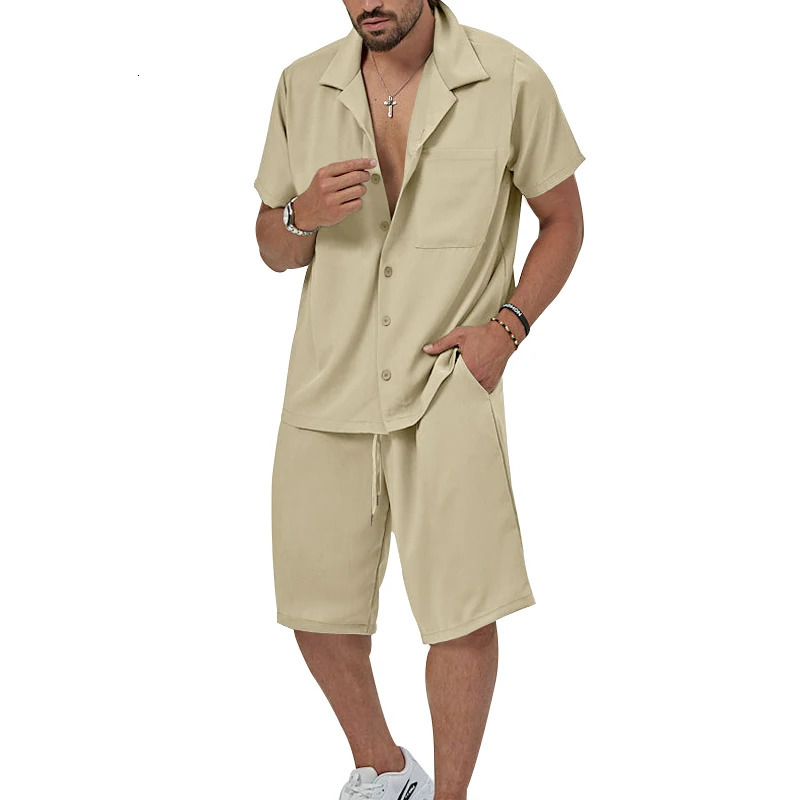 Mens 2Pcs Short Sleeve Shirt And Drawstring Shorts Set Casual Summer Outfit Lapel Button up Clothing Daily Wear 250617