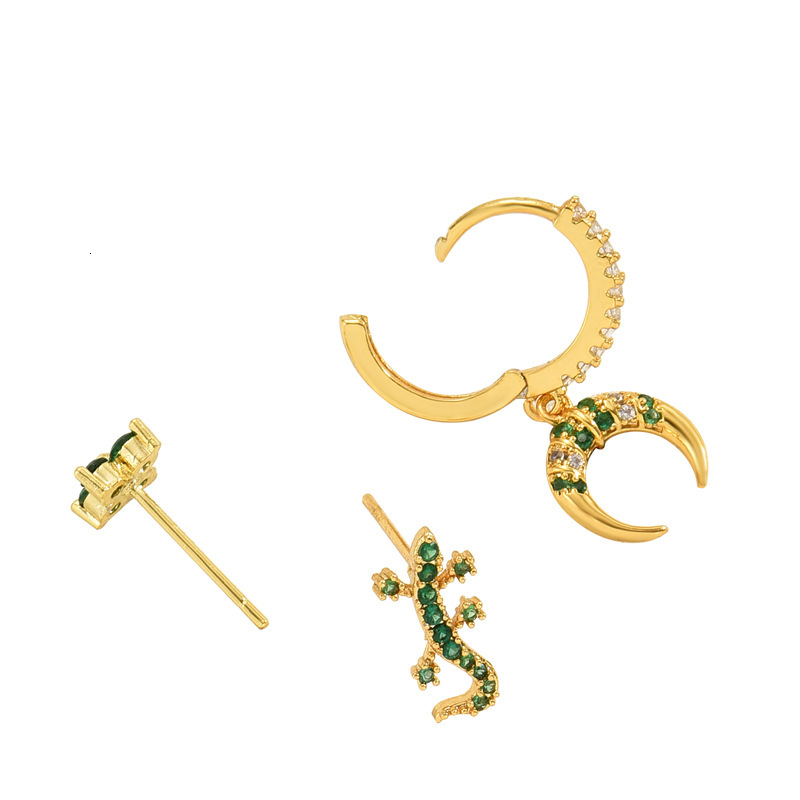 Fashion Personality Earring Set with Zircon Inlaid Crescent Gecko Design Stud Earrings Versatile Internet Celebrity Ear Cuff