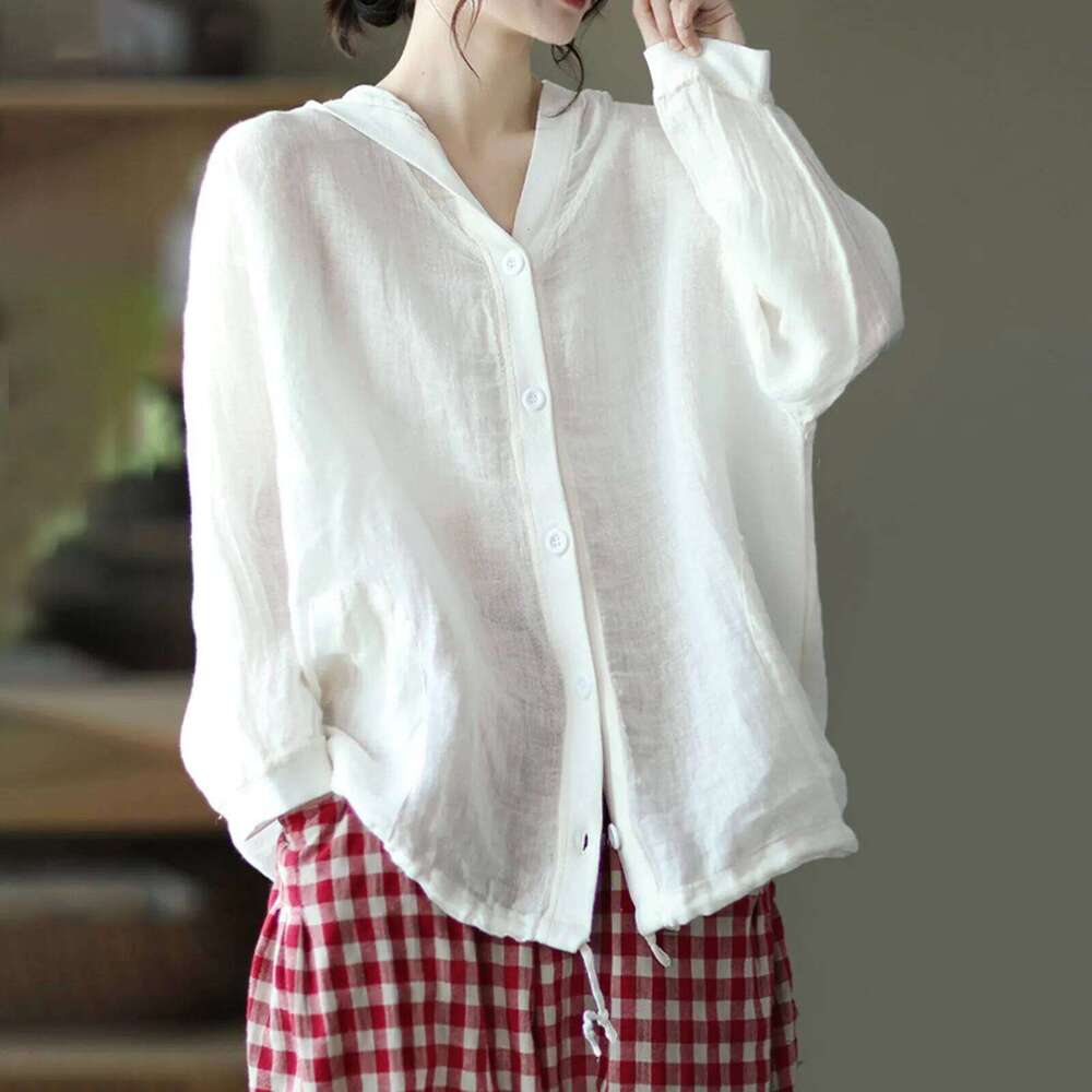 Hooded Button-Up Shirts for Women, Solid Cotton Long Sleeve Blouse, Spring and Autumn Tops, Loose Casual Shirt with Pocket, 2024