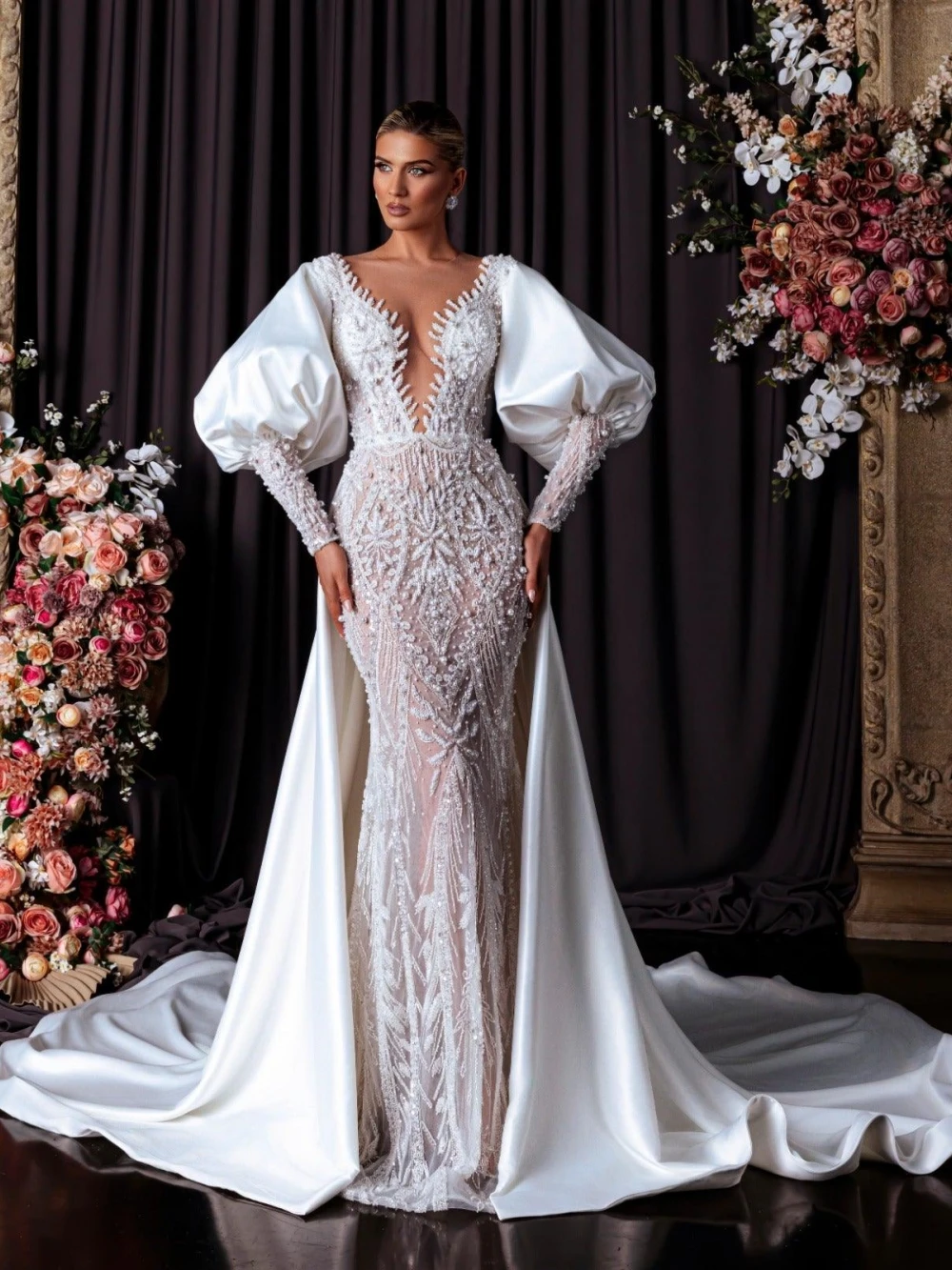 Gorgeous Mermaid Wedding Dress Sheer Neck Long Sleeves Bridal Gowns Pearls Appliques Detachable Train Dresses Custom Made vestidos de novia