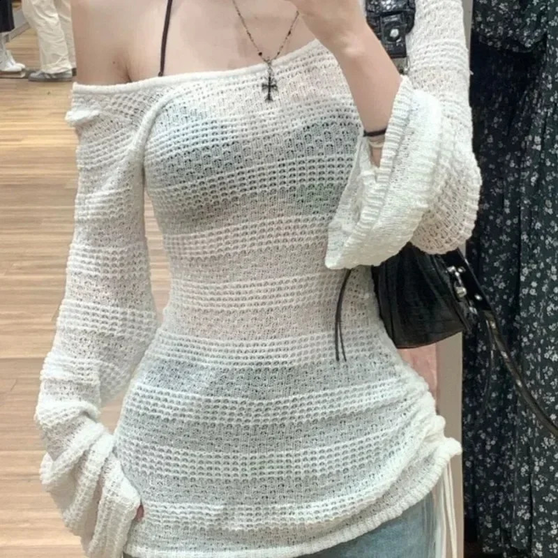Autumn Sexy Mesh Long Sleeve Sweater Women Summer French Hollow Thin Sunscreen Tops Korea Chic Knitted Casual Beach Pullover 250614