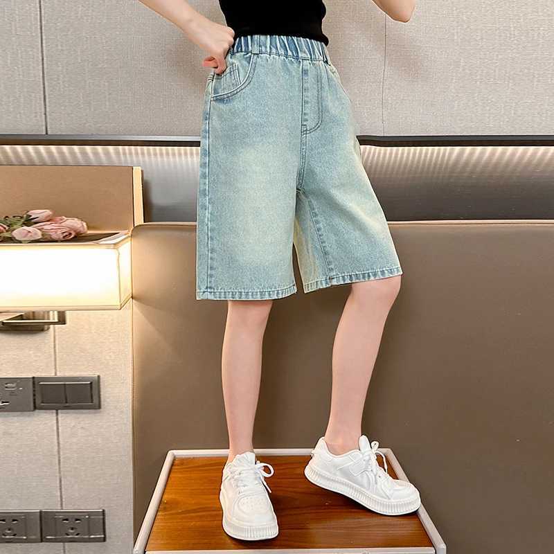 Girls back pocket letter mid-pants fashionable and versatile medium-sized childrens waist wide-leg pants casualC250617