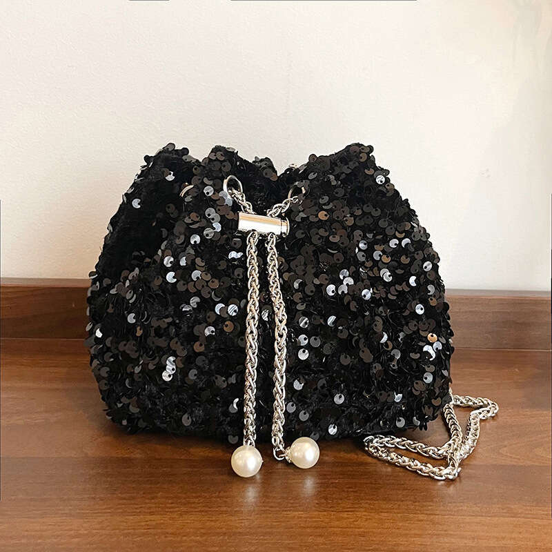 2025 Fashion Personality Sequin Drawstring Bucket Stylish Versatile Chain Shoulder Crossbody Bag