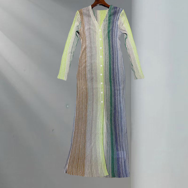 Summer New Women's Sequin Maxi Cardigan Dress Fashion Long Sleeve V-Neck Button Front Ankle Length Striped Two Colors Classic Luxury Clothes S064