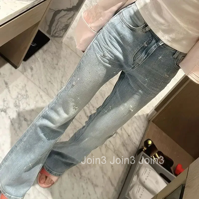 High Waist Female Cowboy Pants with Rhinestones Womens Jeans Stylish Baggy Clothes Medium Wash Emo South Korea on Sale Trousers