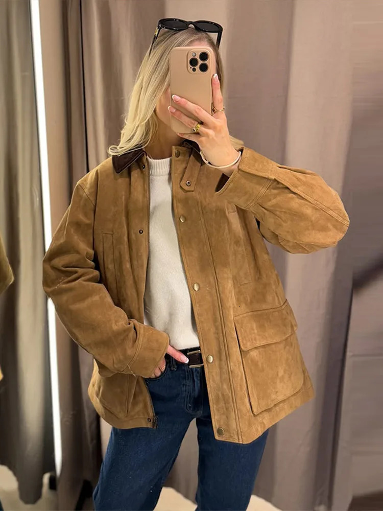 Spring Suede Womens Jacket Fashion Patchwork Lapel Single Breasted Female Coat 2025 Retro Khaki Full Sleeves Loose Lady Coats 250617