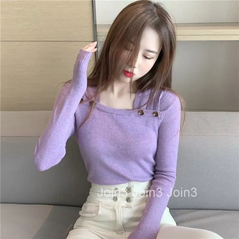 Square Neck Knit Tops for Woman Cute Winter Button Purple Kawaii Womens Sweater Cold Streetwear Korean Fashion Long Sleeve 2025
