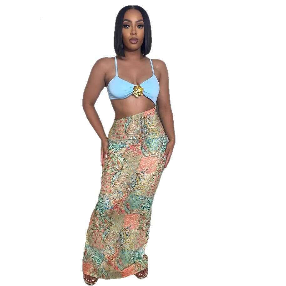 Summer New Women's Sexy Printed Strapless Backless Slim Fit Asymmetrical Long Dress B5