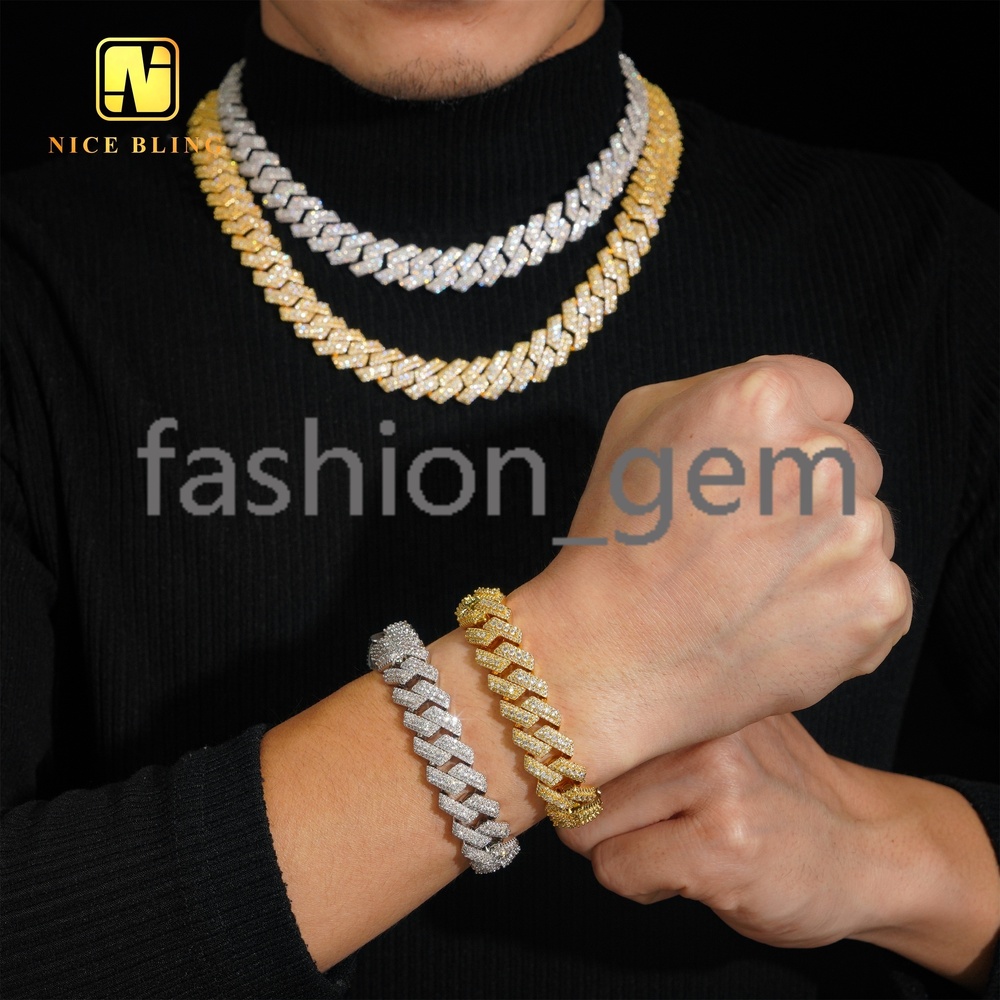 Factory Price Hip Hop Jewelry Cuban Necklace 15mm Iced Out Cuban Clink Chain Men 18k Gold Plated Brass moissanite moissaniteia Necklace