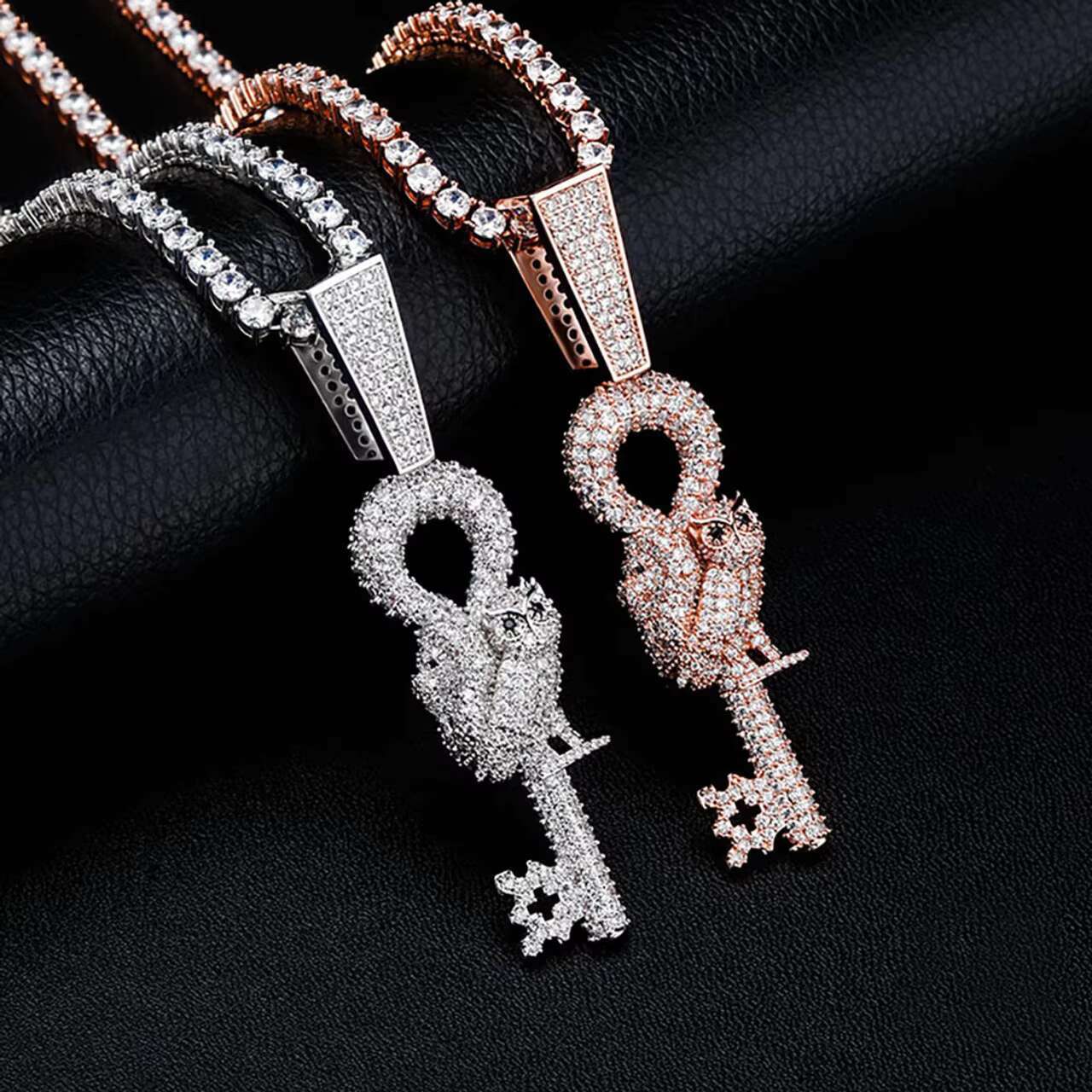 New Luxury 925 Sterling Silver Moissanite Owl Skeleton Key Pendant Necklace Hip Hop Style for Men and Women