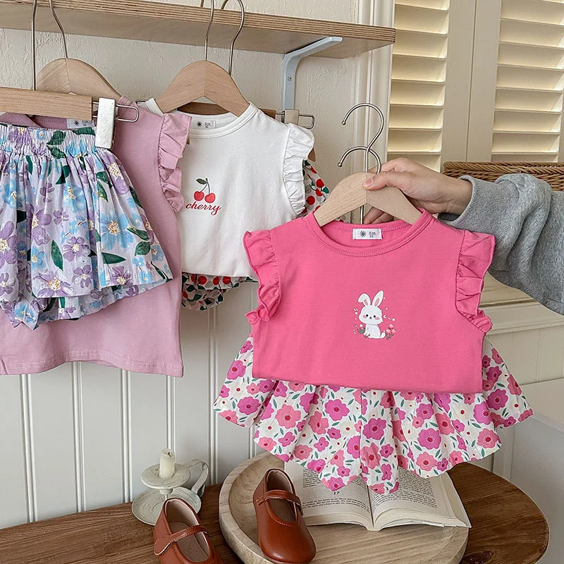 Children's Clothing Sets Floral Print Sleeveless Top + Culottes Shorts 2pcs Girls Clothes Set 2 To 7 Years Kids Clothes