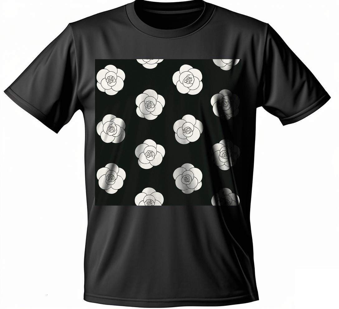 T-shirt with a pattern of white roses on the front Round collar T Shirts