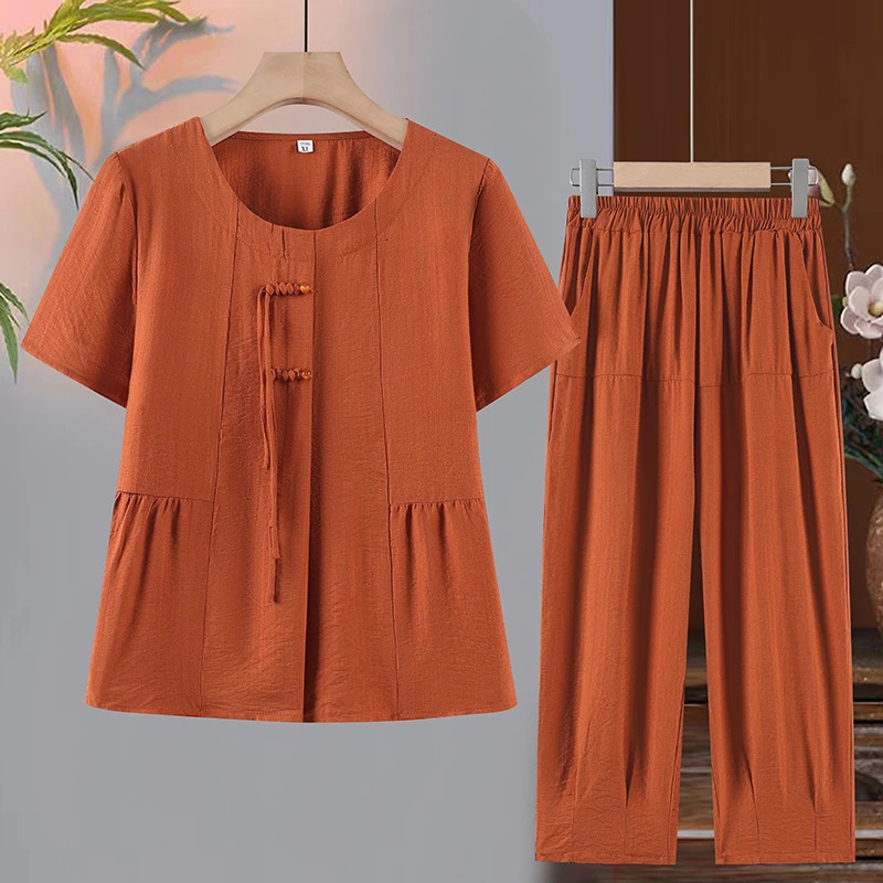 Two Piece Set Tshirtlong Pants Summer Suit 2024 Womens Plus Size Fashion Casual Short Sleeved Classic woven buckle Clothing 250609