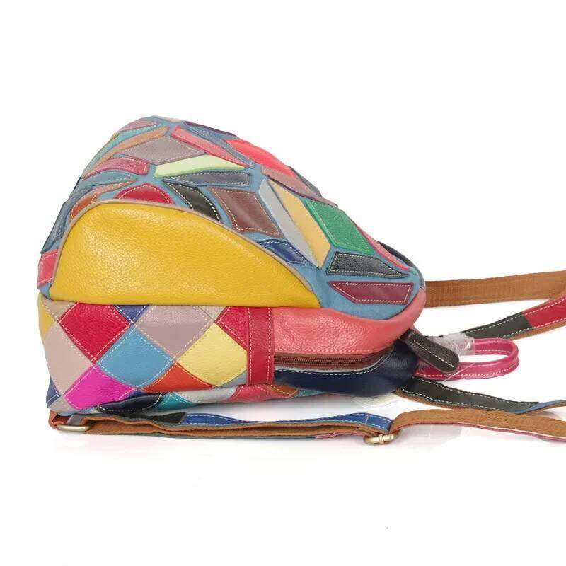 2025 New Genuine Leather Backpack For Women - Colorful Contrast Geometric Patterns Handcrafted Casual Daypack