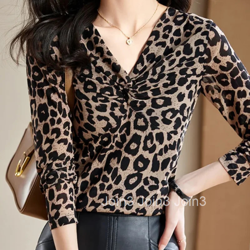 With Sleeves Polyester Top Female Leopard Print Womens Long Sleeve T-shirt Goth Y2k Fashion Korea 2025 High Quality Korean Sale