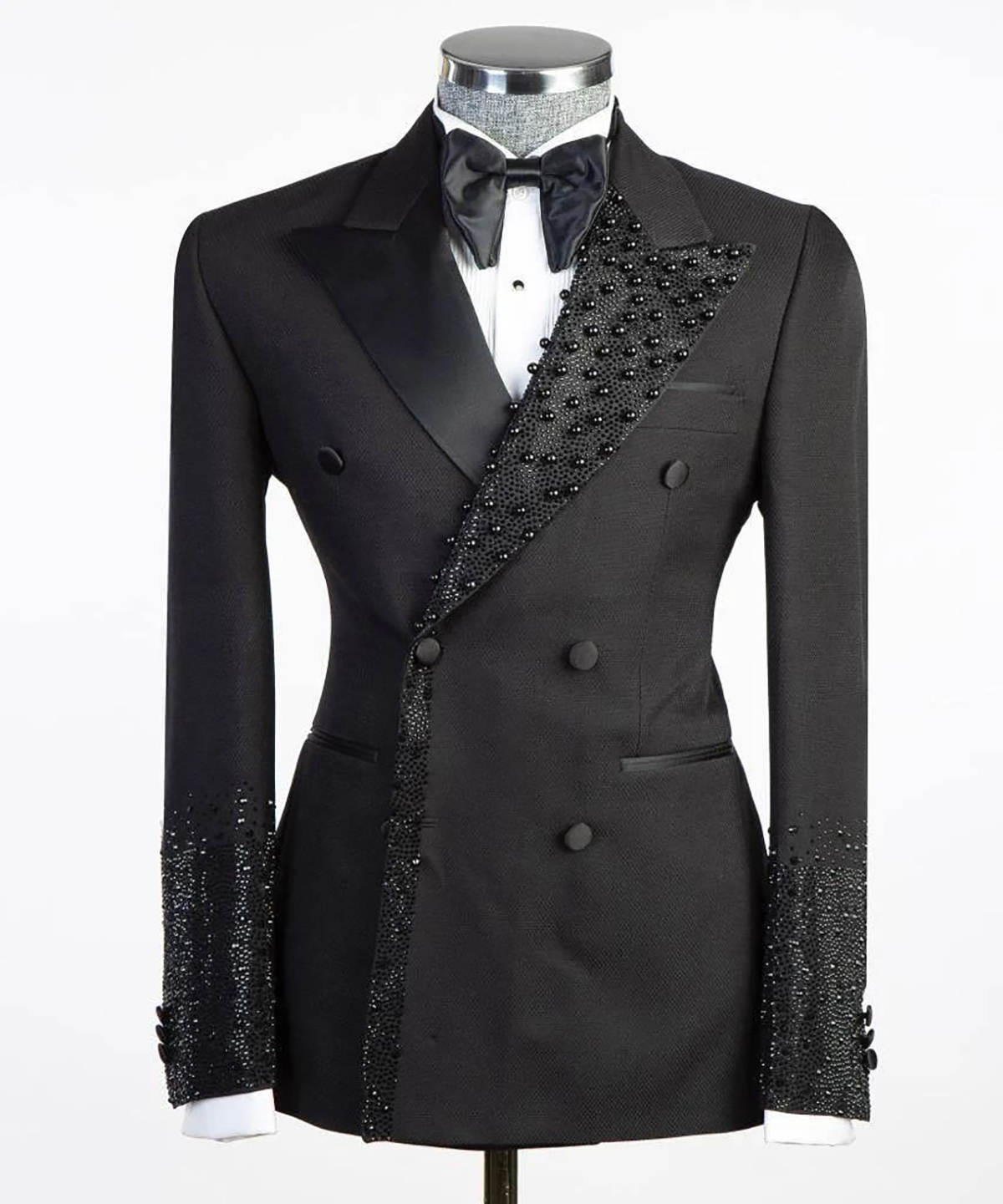 Luxury Men's Suits Tailored 2 Pieces Blazer Pants Beads Double Breasted Peaked Lapel Pockets Party Custom Made Plus Size para hombre Tailor Custo