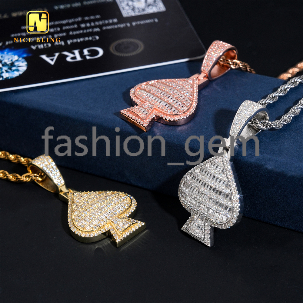 Lucky Charm Fortune Health Spade Pendant Ready Stock Baguette Moissanite Pendant Hip Hop Iced Out Pendant Birthday Gift