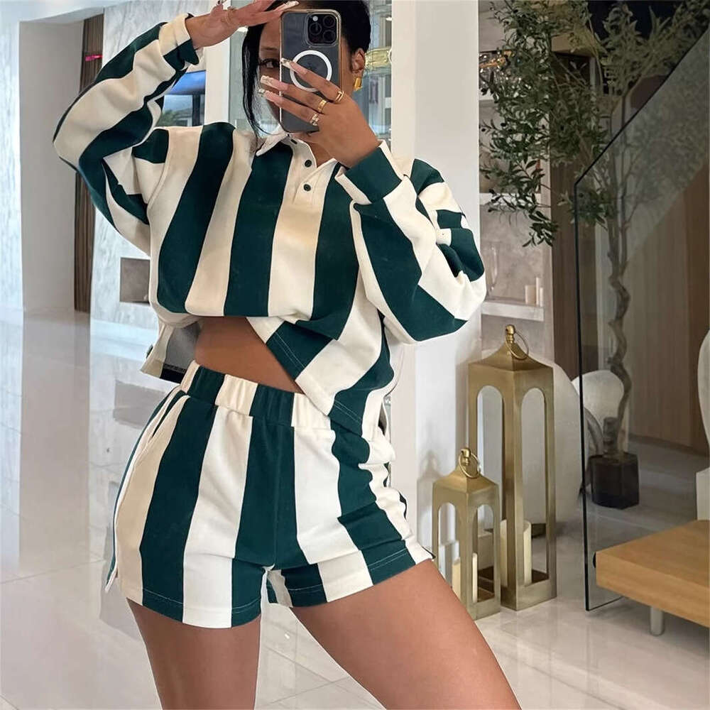 Spring New Women's Fashion Zebra Stripe Print Shirt Collar Long Sleeve Top Short Set B5