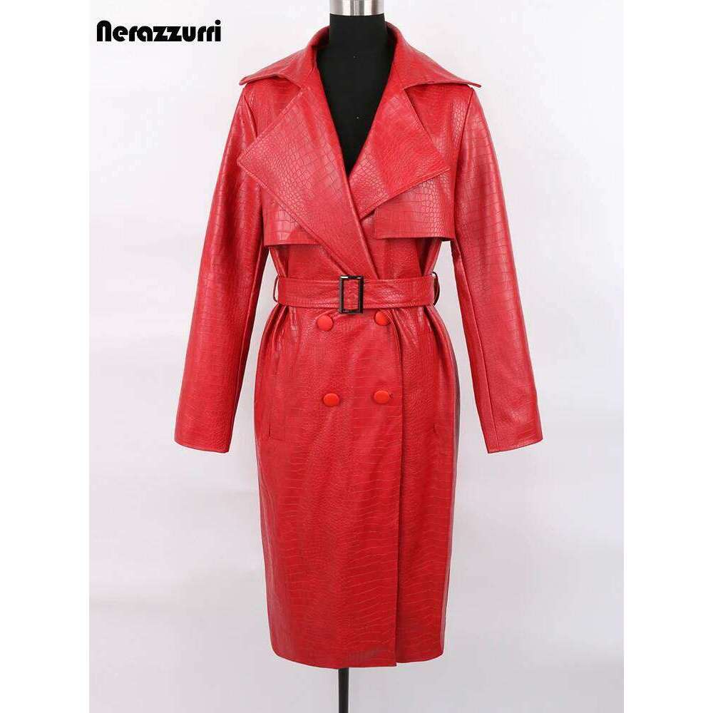 Nerazzurri Autumn Long Loose Red Crocodile Print Leather Trench Coat for Women Belt Double Breasted Waterproof Raincoat Fashion