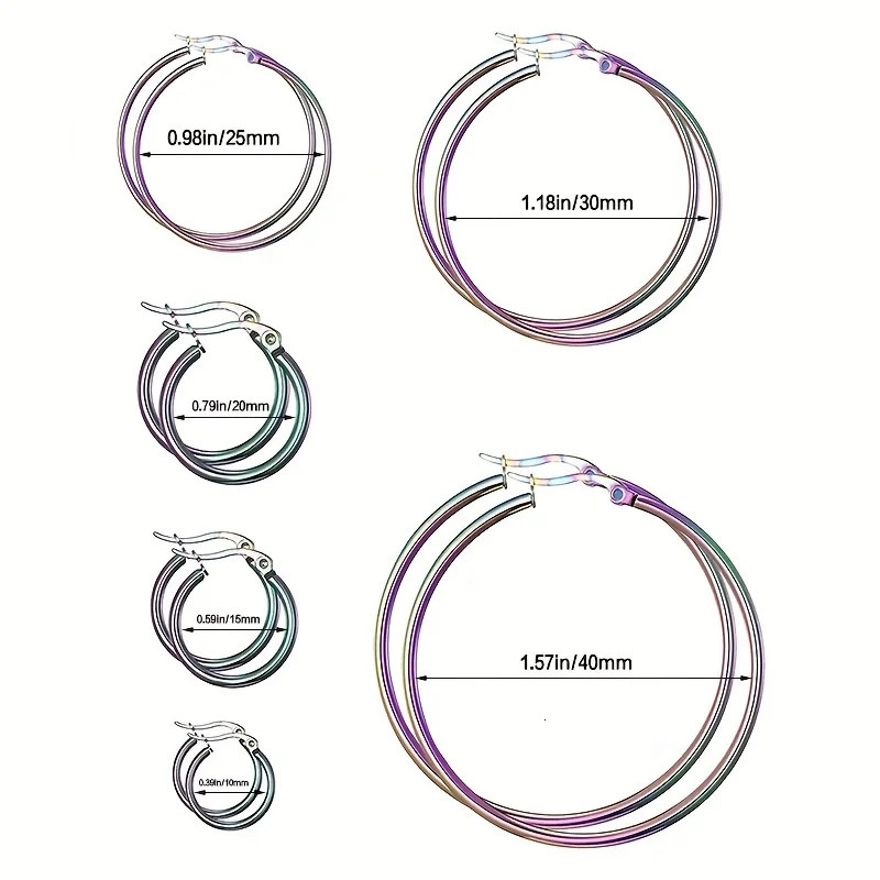 6 Pairs Fashion Simple Colorful Stainless Steel Hoop Earrings for Women Men Big Small Circle Round Ear Jewelry Size 10-40mm 250603