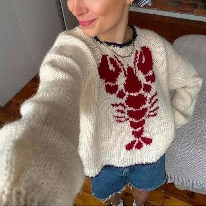 Y2K Knitted Pullovers 90s Vintage Grunge Preppy Style Sweater Lobster Pattern Autumn Winter Long Sleeve Knitwear Women Clothes 250614