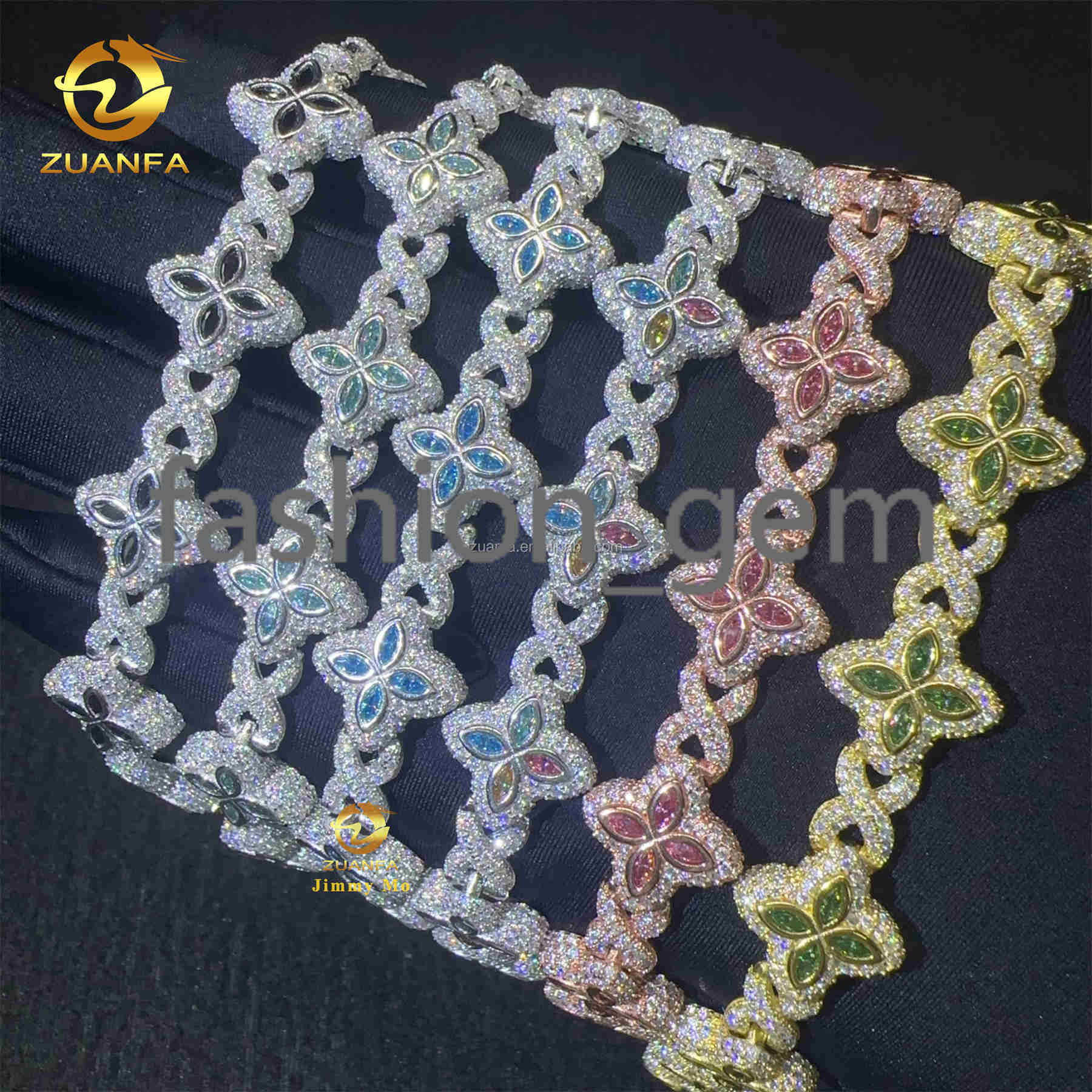 Bulk Stock New Design 15mm Marquise Flower Design Hip Hop Jewelry Iced Out Moissanite Diamond Infinity Cuban Link Bracelet Men