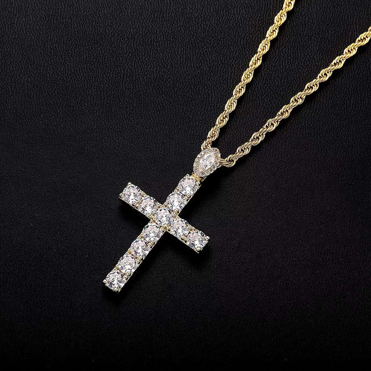 New Arrival Mens Moissanite Cross Pendant Necklace Blue Iced Rose Gold and Silver Studded in Hip Hop Style