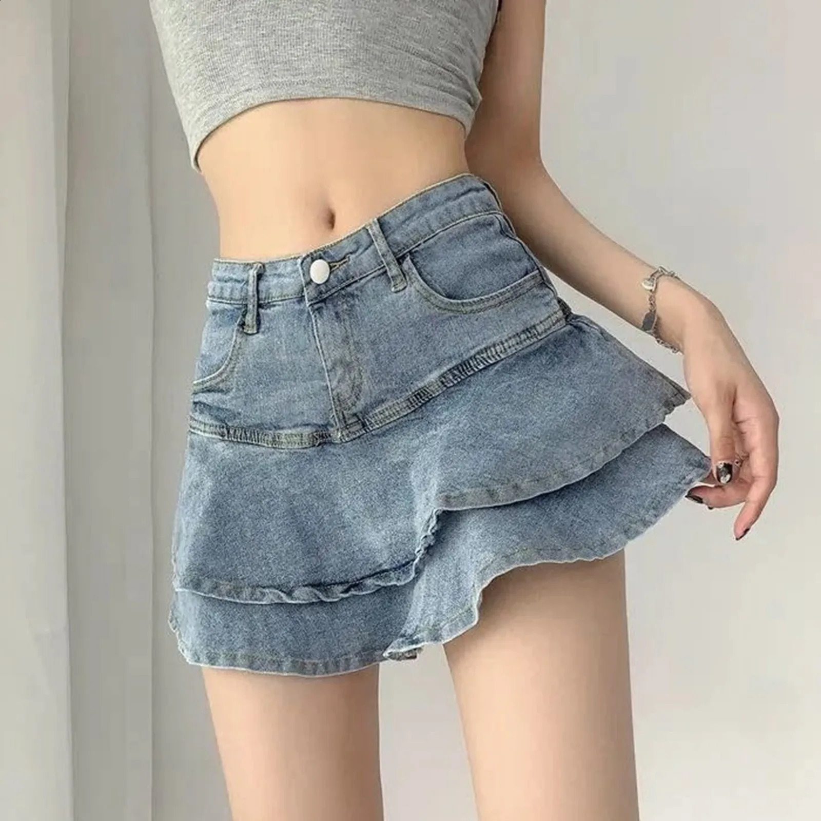 Women Summer High Waist ALine Mini Cake Jeans Skirt Vintage Washed Pleated Ruffles Layered Tiered Casual Slim Denim Streetwear 250610A