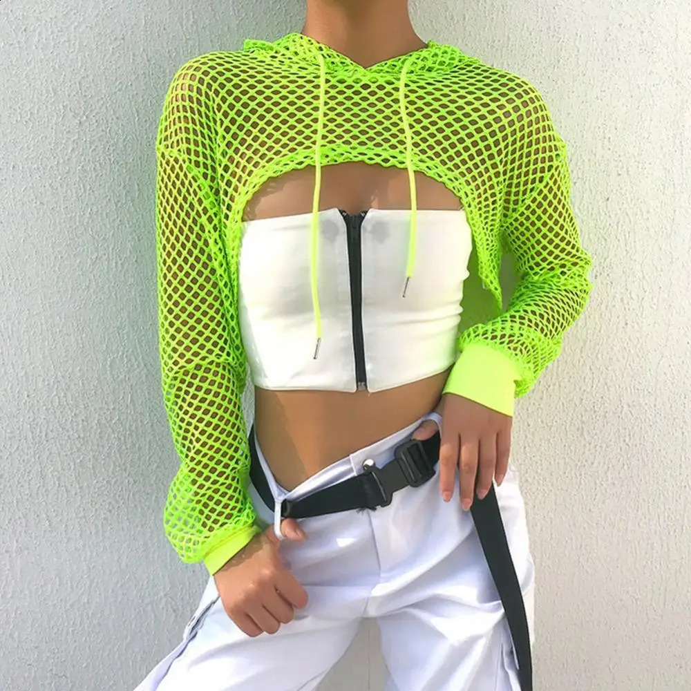 Women t shirt Casual Vest Bra Cover Fish Net Hollow out Drawstring Micro Length Hoodie Crop Tanks Top Oversize Women t shirt 250614