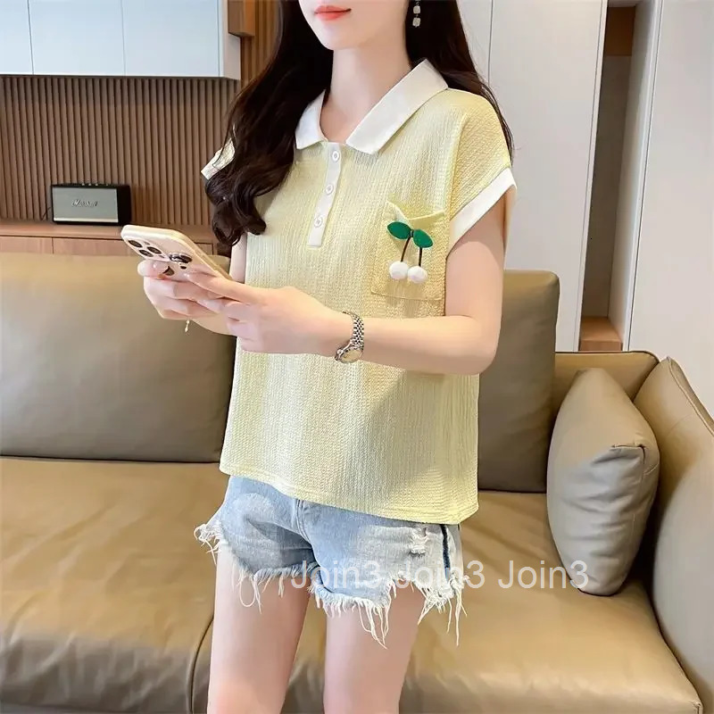 Embroidery Woman Tshirt Summer Outfit Polo Neck T Shirt for Women Clothing Sales Youthful Elegant Clothes with Collar Trend 2025