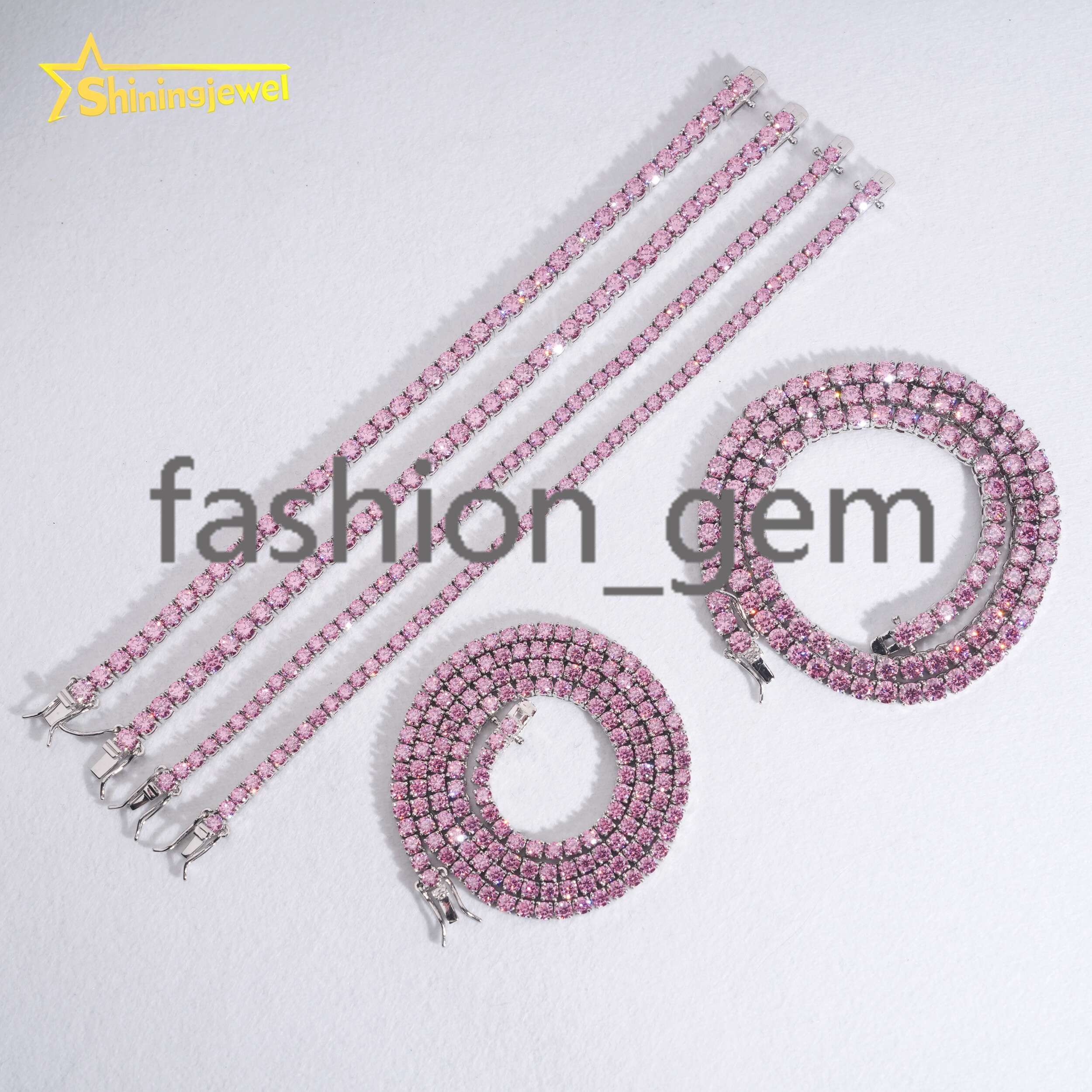 Pass Diamond Tester Pink Moissanite Tennis Necklace Bracelet 3mm 4mm Colorful Tennis Chain 925 Sterling Silver Fine Jewelry