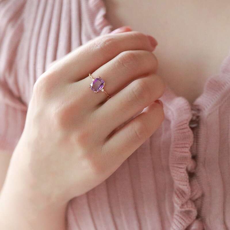 Amethyst Square Cut Shiny Imitation Zircon Wave Light Luxury Versatile Ring Trendy Gentle Women