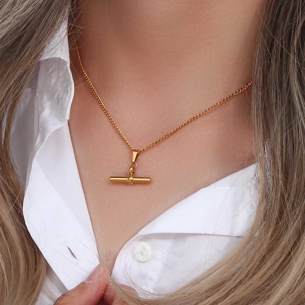 E.B.belle Stainless Steel 18K Gold Plated Minimalist Design T Bar Pendant Necklace For Women Girls Ladies Gold Jewelry W250618