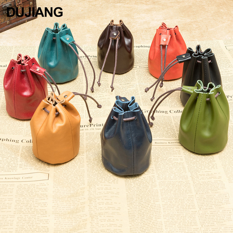 Free Shipping New Genuine Oil Luxury Wax Leather Mini Wallet Drawstring Coin Purse Designer Leather Mini Coin Bag Mobile Phone Bag