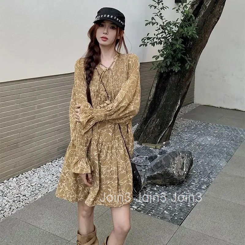 A Line Splicing Beach Woman Long Sleeve Dress Korean Style New Features of Elegant and Beautiful Aesthetic Y2k Dresses for Women