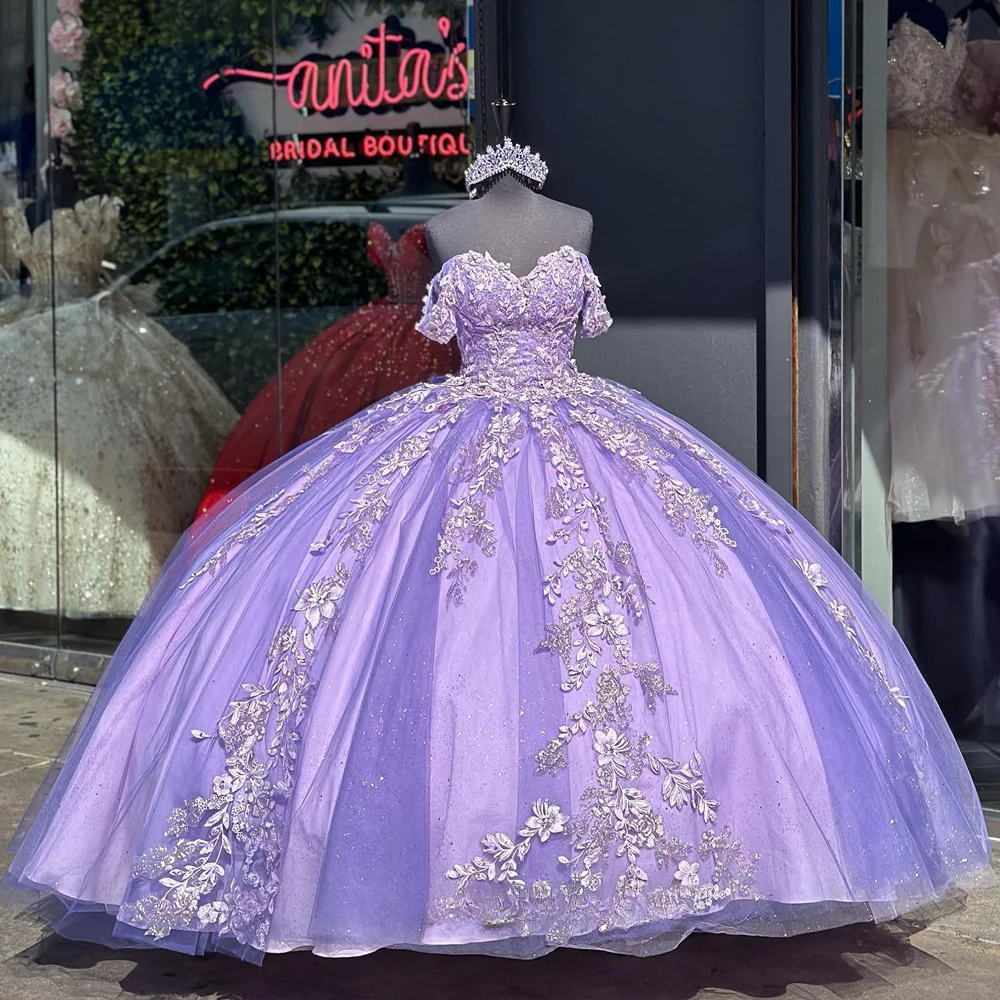 Exquisite Sweetheart Purple Quinceanera Dresses Off the Shoulder Lace Appliques Evening Dresses Floor Length Ball Gown Custom Made Color/Size