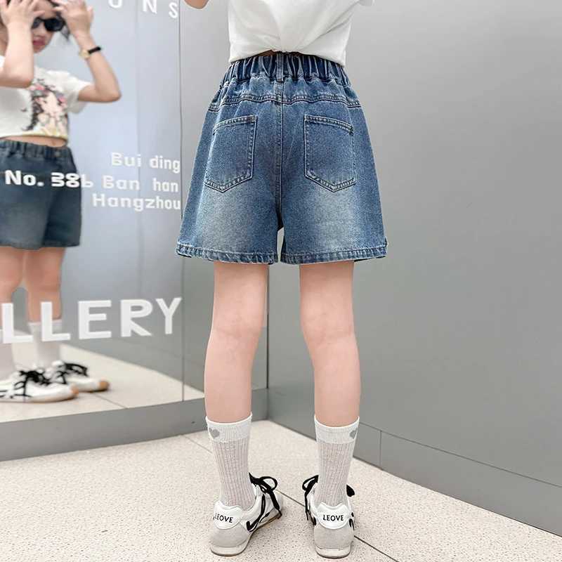 Girls one-line bag denim shorts 2025 new summer thin fashion jeans casual sports shorts 5-15 years oldC250617