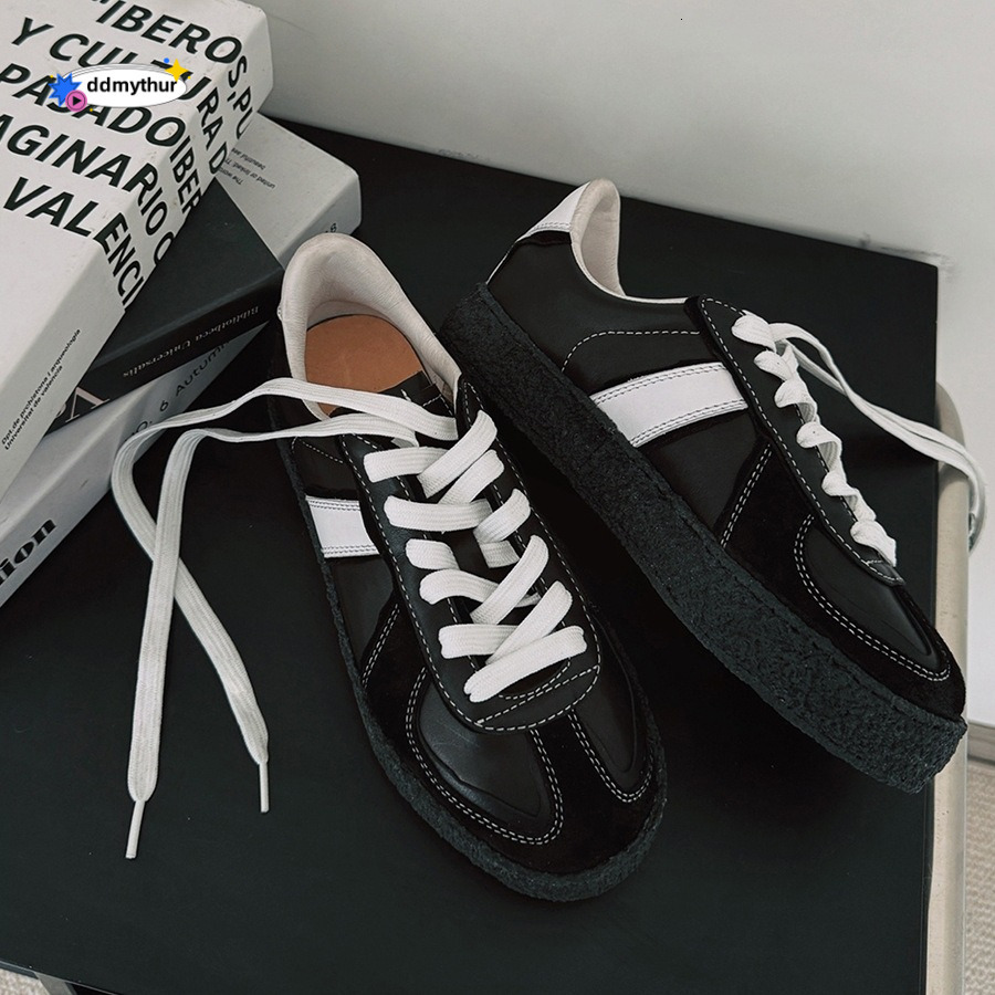 2024 Niche Black German Training for Women Thick Sole Round Toe Lace-up Genuine Leather Sports Casual Shoes Sneakers ddmythur