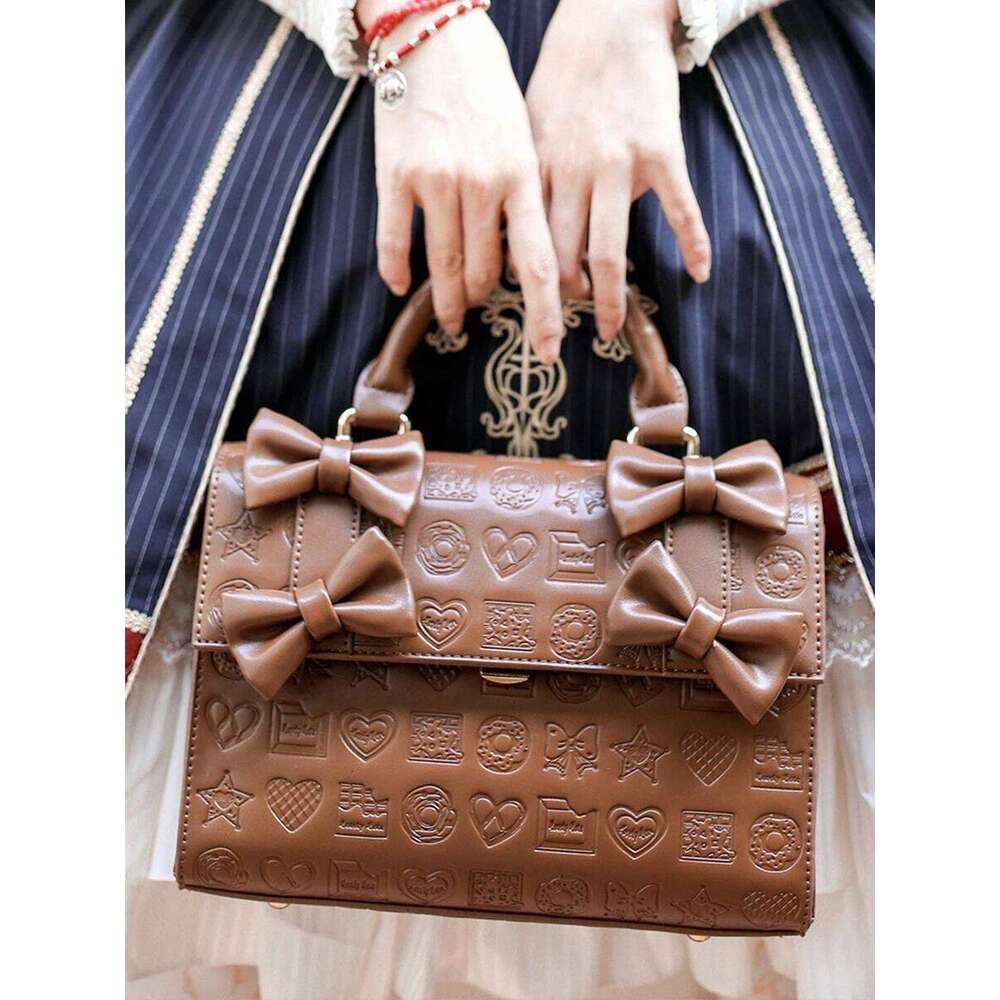 Original Lolita Sweetheart Chocolate Knurling Boston Handbag Sweet Girl Japanese Cute Retro Bow Shoulder Messenger Bag