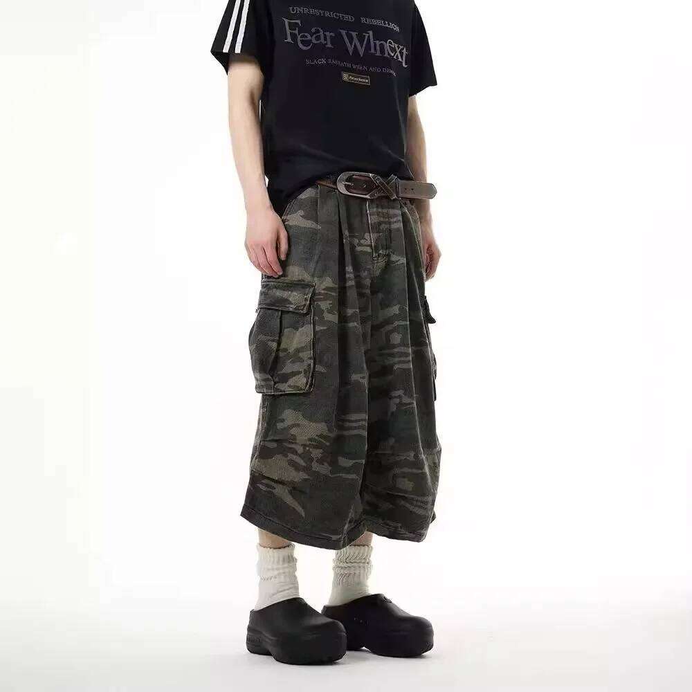 Wear Vintage Camouflage Work Jeans Men's Loose Fit Summer Trendy Straight Wide Leg Seven Point Pants Casual Streetwear