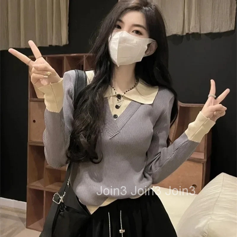 Button Knitted Woman Tshirt Long Sleeve Basic Fashion 2025 Casual Tops Pretty With Collar New Youth Polo Neck T Shirt for Women