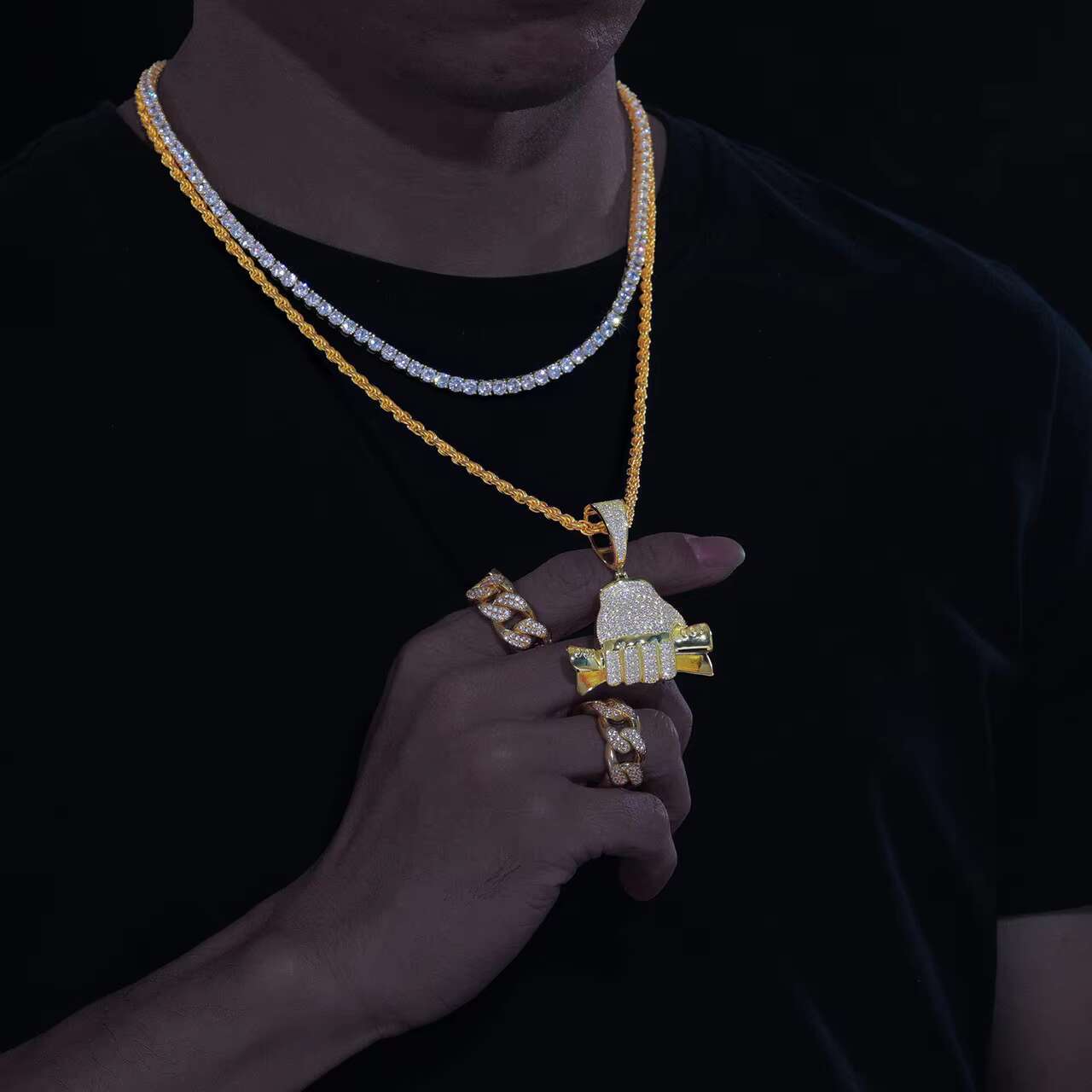 New Arrival Mens 925 Silver Moissanite Pendant Chain Dollar Fist Style with Hip Hop Style Pendants Charms
